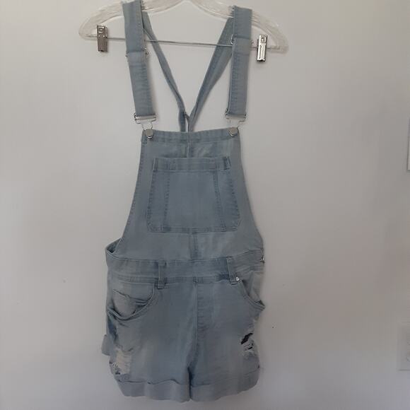 Dollhouse - Bib Overalls Womens Blue Cotton Blend Denim Distressed Short Size 9 - Picture 1 of 12